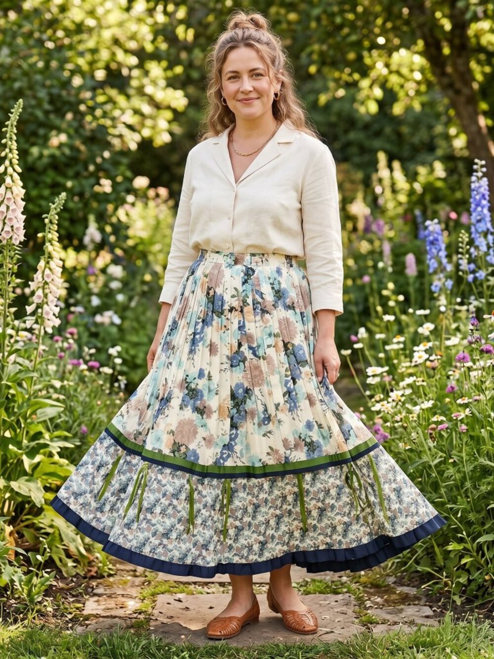 Lillie Rubin Floral Pleated Maxi Skirt in Cream, Blue, Green - Picture 2 of 9